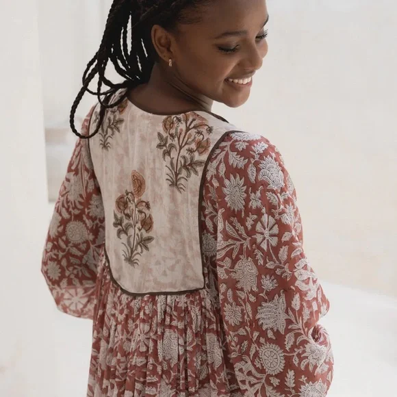 Daughters of India Floral Midi Dress - Cream and Brown - Picture 4 of 4